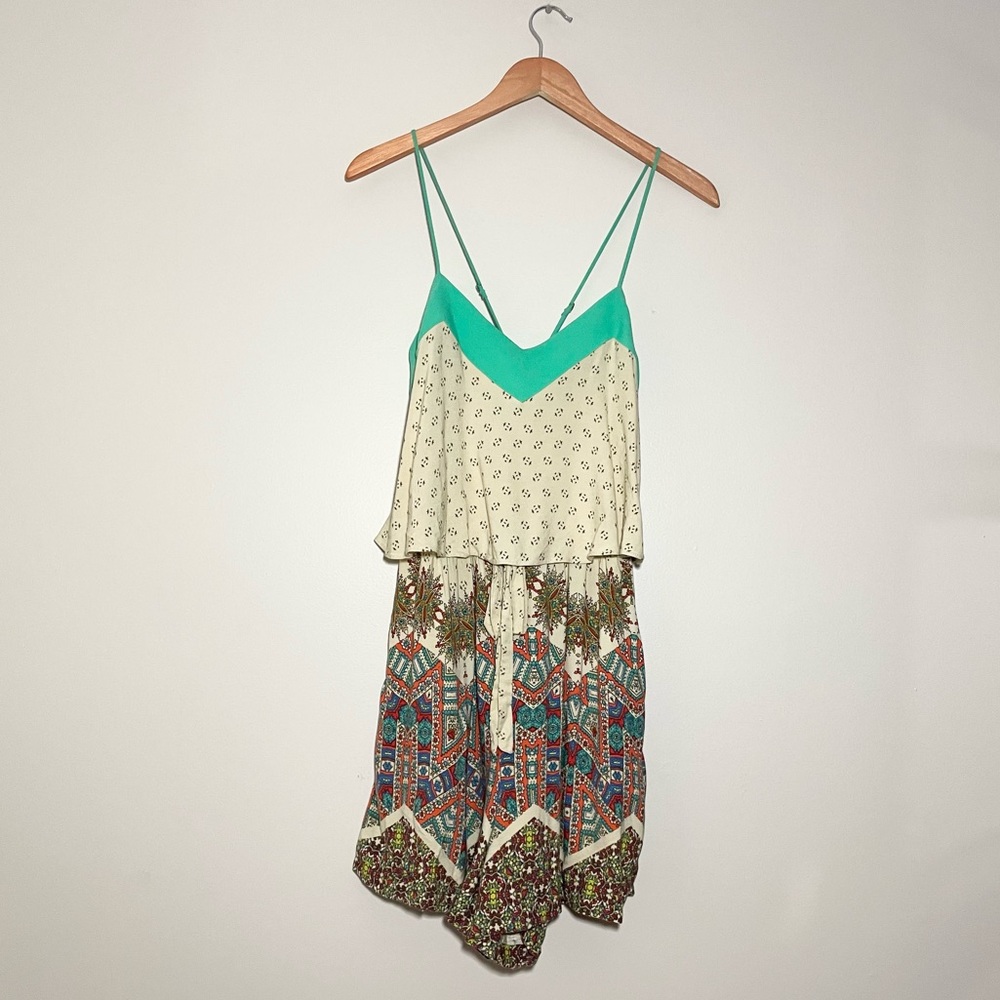 Anthropologie Cream and Teal Boho Print Romper